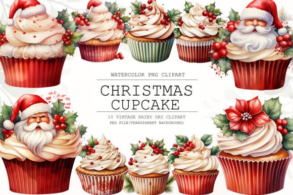 Christmas Cupcake Watercolor Clipart for Illustrations