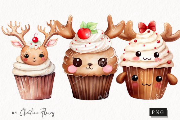 Cute Christmas Reindeer Cupcake Clipart for Illustrations