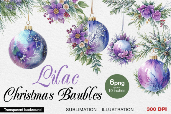 Lilac Christmas Baubles Watercolor PNG for Illustrations