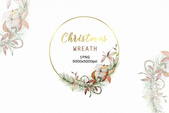 Watercolor Christmas Wreath Gold PNG for Illustrations